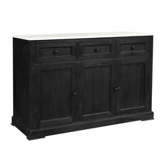 Benzara 58 Inch Mango Wood Sideboard Buffet Console Cabinet With White Marble Top, 3 Drawers, Sandblasted Black BM163021