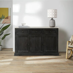 Benzara 58 Inch Mango Wood Sideboard Buffet Console Cabinet With White Marble Top, 3 Drawers, Sandblasted Black BM163021