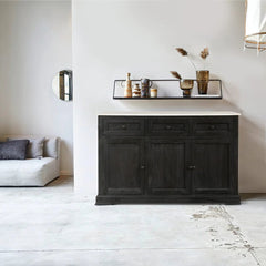 Benzara 58 Inch Mango Wood Sideboard Buffet Console Cabinet With White Marble Top, 3 Drawers, Sandblasted Black BM163021