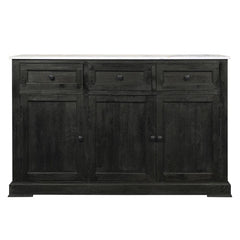 Benzara 58 Inch Mango Wood Sideboard Buffet Console Cabinet With White Marble Top, 3 Drawers, Sandblasted Black BM163021