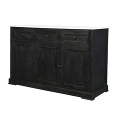 Benzara 58 Inch Mango Wood Sideboard Buffet Console Cabinet With White Marble Top, 3 Drawers, Sandblasted Black BM163021