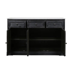 Benzara 58 Inch Mango Wood Sideboard Buffet Console Cabinet With White Marble Top, 3 Drawers, Sandblasted Black BM163021