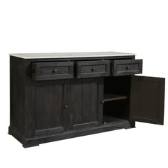 Benzara 58 Inch Mango Wood Sideboard Buffet Console Cabinet With White Marble Top, 3 Drawers, Sandblasted Black BM163021