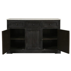 Benzara 58 Inch Mango Wood Sideboard Buffet Console Cabinet With White Marble Top, 3 Drawers, Sandblasted Black BM163021