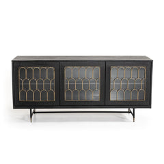 Benzara 3 Door Storage Buffet With Glass Front And Arch Design, Gray And Clear BM216760