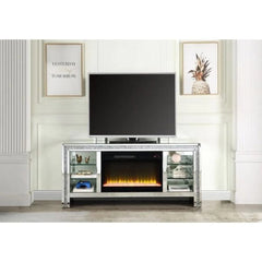 Benzara TV Stand With Fireplace And Three Shelves, Silver And Black, BM266433