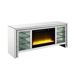 Benzara TV Stand With Fireplace And Three Shelves, Silver And Black, BM266433