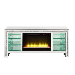 Benzara TV Stand With Fireplace And Three Shelves, Silver And Black, BM266433