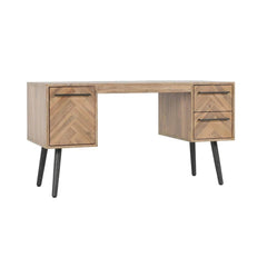 Benzara 55 Inch Solid Oak Wood Desk Office Table, 3 Drawers, Herringbone, Brown BM278986