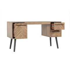 Benzara 55 Inch Solid Oak Wood Desk Office Table, 3 Drawers, Herringbone, Brown BM278986