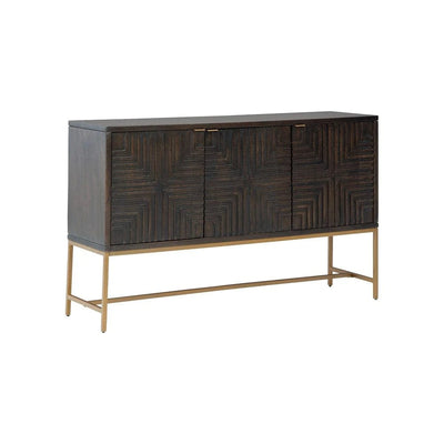 Benzara 58 Inch Sideboard Buffet Console Cabinet, 3 Doors, Bar Handles, Brown, Gold BM283350